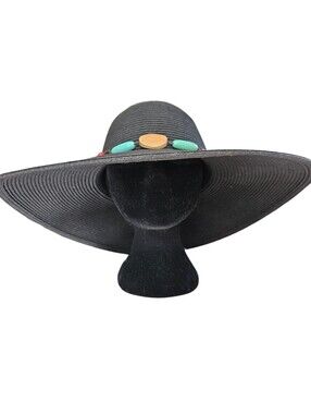 Large Brim Black Summer Floppy Hat Boho Beaded Straw Hat